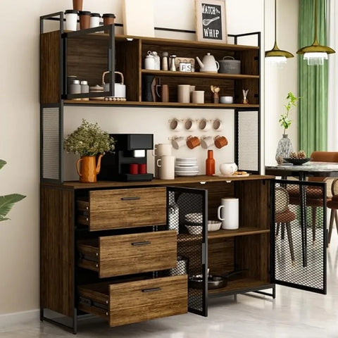 Cabinet with Hutch, 3 Metal Mesh Doors, 3 Drawers & Shelves, Kitchen Pantry Cupboard Console Table, CabinetS