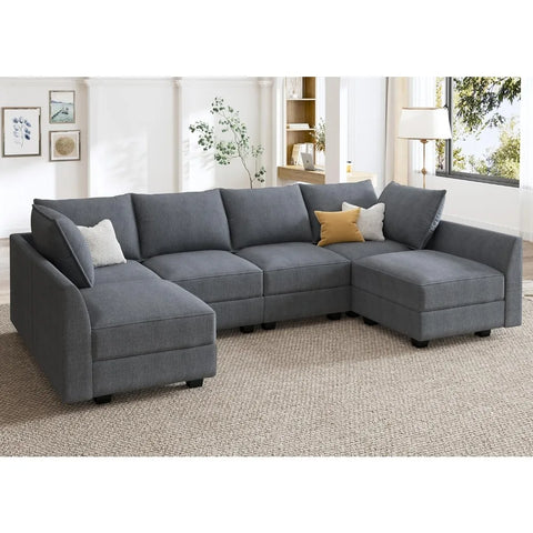 Couch, U-Shaped Modular Sectional Sofa, Sectional Couch with Storage Seats U Shape Sofa-2, Bluish Grey Sofa