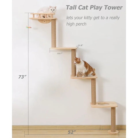 Cat Tree Wall Mounted with 4 Levels Cats Shelves, 73" Wood Cats Climbing Tower Indoor Cat Wall Shelve