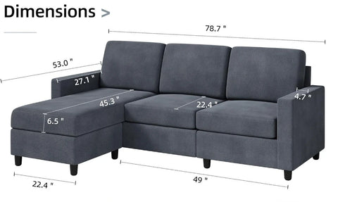 79 Inch Convertible Sectional Sofa Couch, Modern Linen Fabric L-Shaped , 3-Seat Sofa Sectional with Reversible Chaise