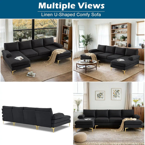 Modern U Shaped Sectional Couch with Double Chaise for Living Room Black Deep Seat Sectional Sofa Sets Thickness Seating Padding