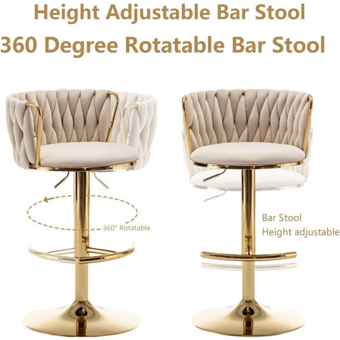 Woven Bar Stools Set of 4, Counter Height Bar Stools with Low Back, Gold Swivel Bar Stools for Kitchen Island