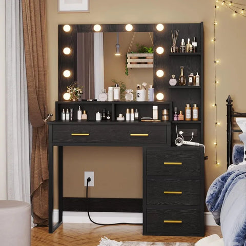 Vintage Vanity Desk, Makeup Vanity with Mirror and 10 LED Lights, 3 Lighting Modes, Makeup Table with 2 USB Ports and Outlets