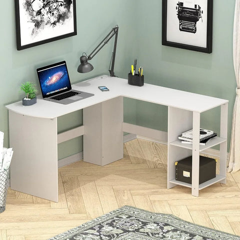 L-shaped home office, wooden corner desk, black computer desk