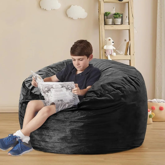 Bean Bag Chair Filled Memory Foam with Soft Microfiber Cover for Living Room Bedroom, 3ft Carbon Black Round Fluffy Sofa