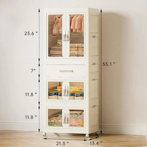 Portable Kids Wardrobe Closet with Doors, Plastic Baby Wardrobe Storage Cabinet with Hanging Rod Children's Clothes Closet