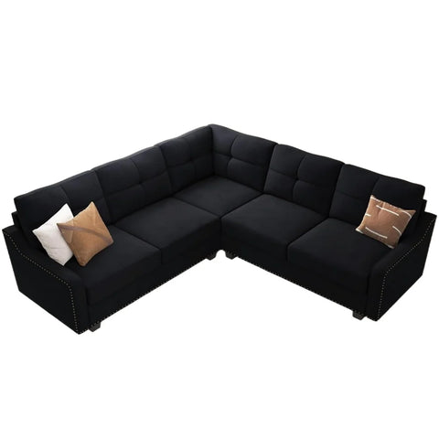 Living Room Sofa, Convertible Sectional L-shaped Sofa for Small Apartment Living Room, Velvet Black Reversible Sectional Sofa