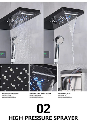 Black/Brushed Bathroom Shower Faucet Set LED Rainfall Shower Panel System Bathtub Water Mixer Tap Massage SPA Temperature Screen