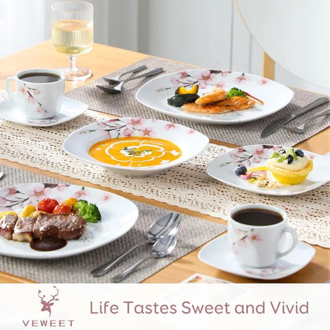 Porcelain Dinnerware Sets for 6, White Dish Set with Pink Floral, 30 PCS Dinner Sets Including Plates