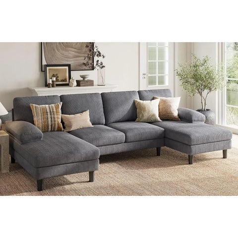 Convertible Sectional Couch, Corduroy U-Shaped Sofa Couch with Double Chaises and Sleepable Armrests, 4-Seat Deep Sofa Set