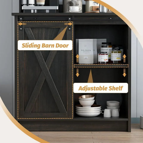 4ever2buy Farmhouse Coffee Bar Cabinet with 6 Hooks, White Coffee Bar with Storage, Kitchen Buffet Cabinet with Adjustable Shelv