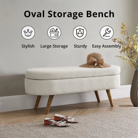 43.5" Storage Ottoman Bench with 250lb Seating, Linen Upholstered Wood Legs Safety Hinge Flip Top Oval Foot Rest Long Stool