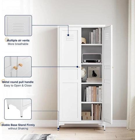 Metal Storage Cabinet with 2 Doors and 4 Adjustable Shelves - 61" White Kitchen Pantry Storage Cabinet