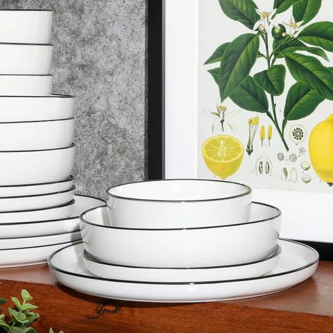 16 Piece Porcelain Dinnerware Set, White w/Black Rim, Service for 4, Dishwasher and Microwave Safe