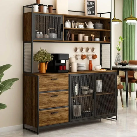 Cabinet with Hutch, 3 Metal Mesh Doors, 3 Drawers & Shelves, Kitchen Pantry Cupboard Console Table, CabinetS