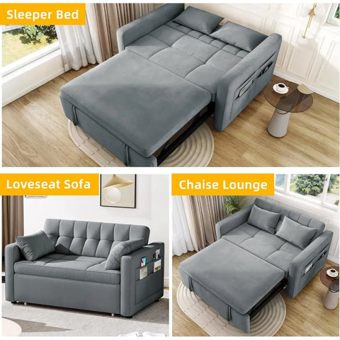 Sofa Bed, 55-Inch, Convertible Sofas Bed, 3-in-1 Combo, Velvet Futon with Tiltable Back and Side Pockets, Sofa Sleeper