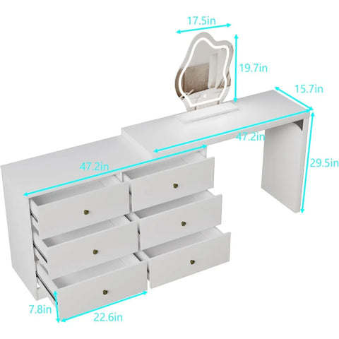 PAKASEPT Makeup Vanity Desk with Lights, Extendable Vanity Table with 6 Drawers, 3 Color Lighting Modes Adjustable Brightness