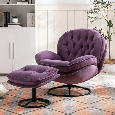 Accent Chair with Ottoman,360 Degree Swivel Velvet Leisure Chair, Lounge Armchair with Metal Base Frame for Living Room, Bedroom