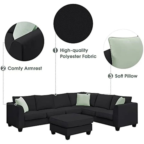 Living sofa,Modern Large U, 7 Seat Fabric Set with Movable Ottoman, L Shape Sectional Sofa Corner Couch with 3 Pillows