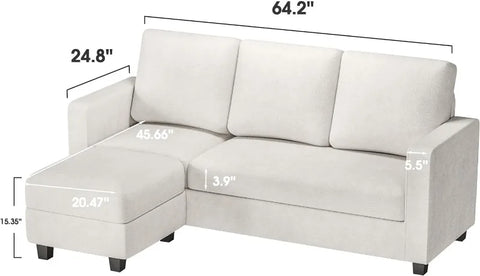 Convertible Sectional Sofa Couch, Fabric L-Shaped Sofa with 3 Seats, Removable Ottoman, Small Sofa for Small Apartments