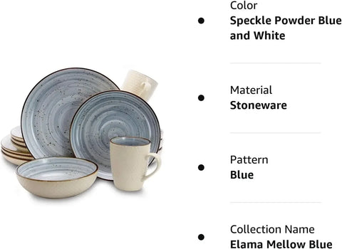 Elama Round Stoneware Luxurious Mellow Dinnerware Dish Set, 16 Piece, Speckle Powder Blue and White