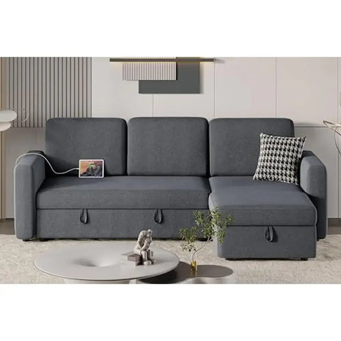 L-Shaped Sectional Sofa Bed w/Chaise & USB Reversible Storage Sleeper Convertible Trundle Hidden Compartment Fabric Couch