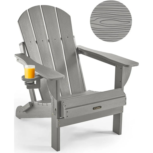 Folding Adirondack Chair Wood Texture, Patio Chair Weather Resistant, Plastic Fire Pit Chair with Cup Holder, for Lawn Outdoor