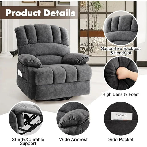 Oversized Swivel Rocker Recliner Chair, Glider Rocker Recliner, Lazy Recliner Chair with High Back, for Living Room (Dark Gray)