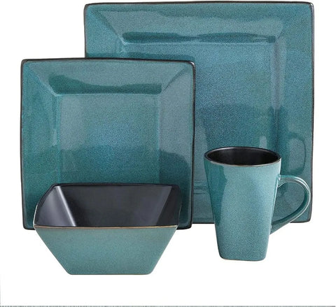 Square Reactive Glaze Stoneware Dinnerware Set, Service for 4 (16pcs),  Set Vaisselle Complet， Dishes and Plates Sets