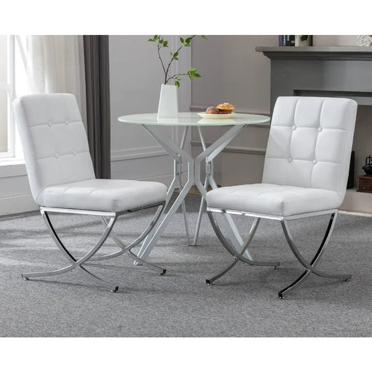 Modern Tufted Dining Chair Set of 2 Leather-Upholstered Dining Chairs with Chrome-Plated Metal Legs, Armless Side Chairs