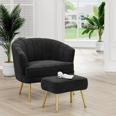 Velvet Accent Chair with Ottoman, Upholstered Modern Single Sofa Side Chair,Comfy Barrel Club Living Room Armchair