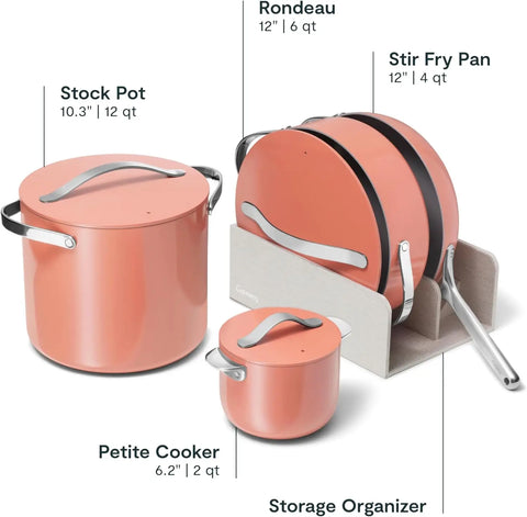 Caraway Cookware+ Collection - Specialty Cookware Set - Petite Cooker, Stir Fry Pan, Rondeau, & Stock Pot - 3 Lids & Storage