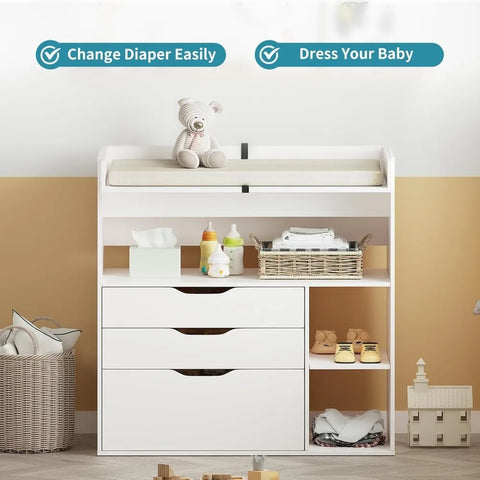 Baby Changing Table Dresser with 3 Drawers and 3 Storage Shelves, Can be Used as a Baby Dresser with Changing Table Top