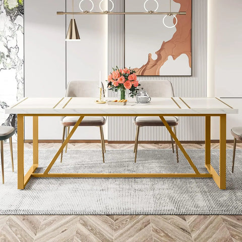 70.9 Inch Dining Table for 6 to 8, Modern Kitchen Table Dining Room Table, Rectangle Dinner Table w/Gold Meta Base for Kitchen