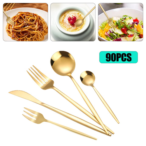 90Pcs Gold Flatware Set Stainless Steel Silverware Utensil Kitchen Tableware Forks Knives Spoons Cutlery for Home Restaurant