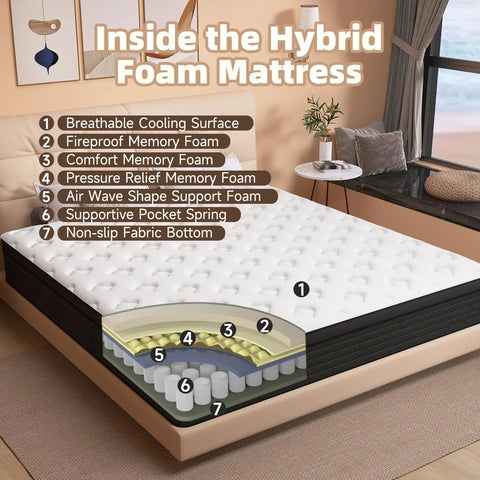 King Mattress, 12 Inch Individual Pocket Springs with Gel Memory Foam Hybrid King Size Mattress with Pressure Relief