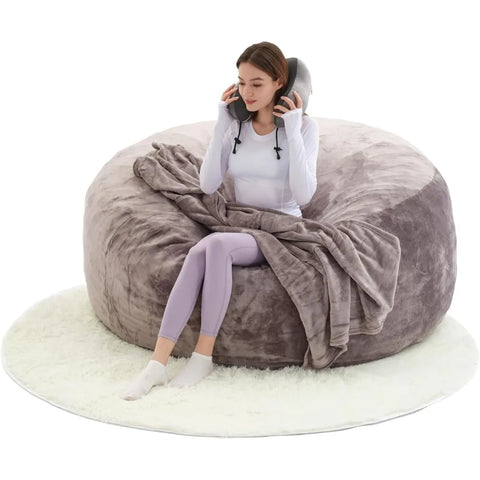 Bean Bag Flannel Sofa Chair (with 50LBS Filling,Gift: U-Shaped Pillow, Blanket Pillowcase,6FT Carpet),Round Soft Back Pillowcase