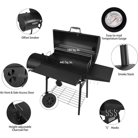 CC1830S 30" BBQ Charcoal Grill and Offset Smoker | 811 Square Inch cooking surface, Outdoor for Camping