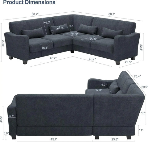 Fabric L Shaped Sofa Small Sectional Couch with Chaise Solid Corner Sofa Small L Couches 4 Seater Sofa Bluish Grey