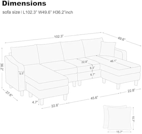 U Shaped Sectional Sofa Velvet Convertible Sofa with Reversible Chaises Sectional Couches with Ottomans for Living Room (Black)