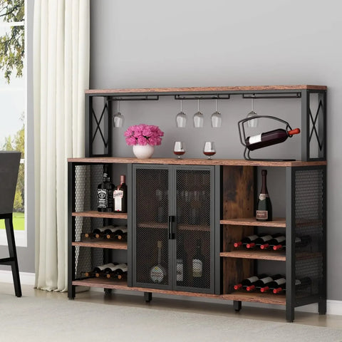 Wine Bar Cabinet with Drawer and LED Lights, 55 Inches Industry Coffee Bar Cabinet with Wine Rack and Glass Goblet Holder