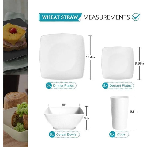 32-piece Plastic Wheat Straw Square Dinnerware Set for 8, Unbreakable Dinner Plates, Salad Plates, Snack Bowls, Tumblers