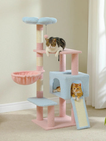 Flower Cat Tree 47.2" Multi-Level Cat Tower with Sisal Covered Scratching Posts, Cute Cat Condo for Indoor Small Medium Cats, Pi