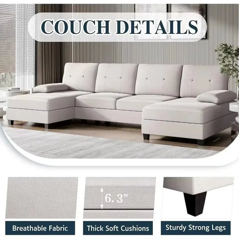 Living Room Sectional Sofa, 4-seater Set U-shaped Sofa with Double Chaise Longue, Large 106-inch Modern Fabric Sofa