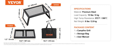 VEVOR Folding Campfire Grill,Portable Camping Grates Camp Fire Cooking Equipment with Legs Carrying Bag for Outdoor BBQ Cooking