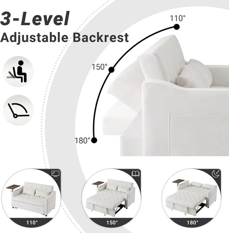 3 in 1 Convertible Sofa Bed, Pull Out Couch with 3 Level Adjust Backrest, Sleeper Loveseat Recliner with 2 Pockets