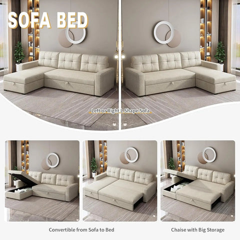 L-Shape Upholstered Sectional Sofa with Storage Chaise & Pull,Convertible Couch W/ 3 Back Cushions,Reversible Sleeper