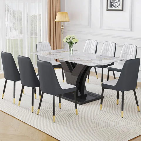 Modern Dining Room Table Set for 6, Faux Marble Kitchen Table and 6 PU Leather Chairs, 67” Rectangular Tempered Glass Table Set