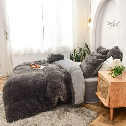 5 PCS Shaggy Duvet Cover Bedding Set - Fluffy Comforter Cover Long Faux Fur Luxury Ultra Soft Cozy