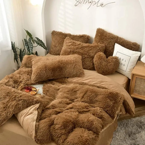 5 PCS Shaggy Duvet Cover Bedding Set - Fluffy Comforter Cover Long Faux Fur Luxury Ultra Soft Cozy